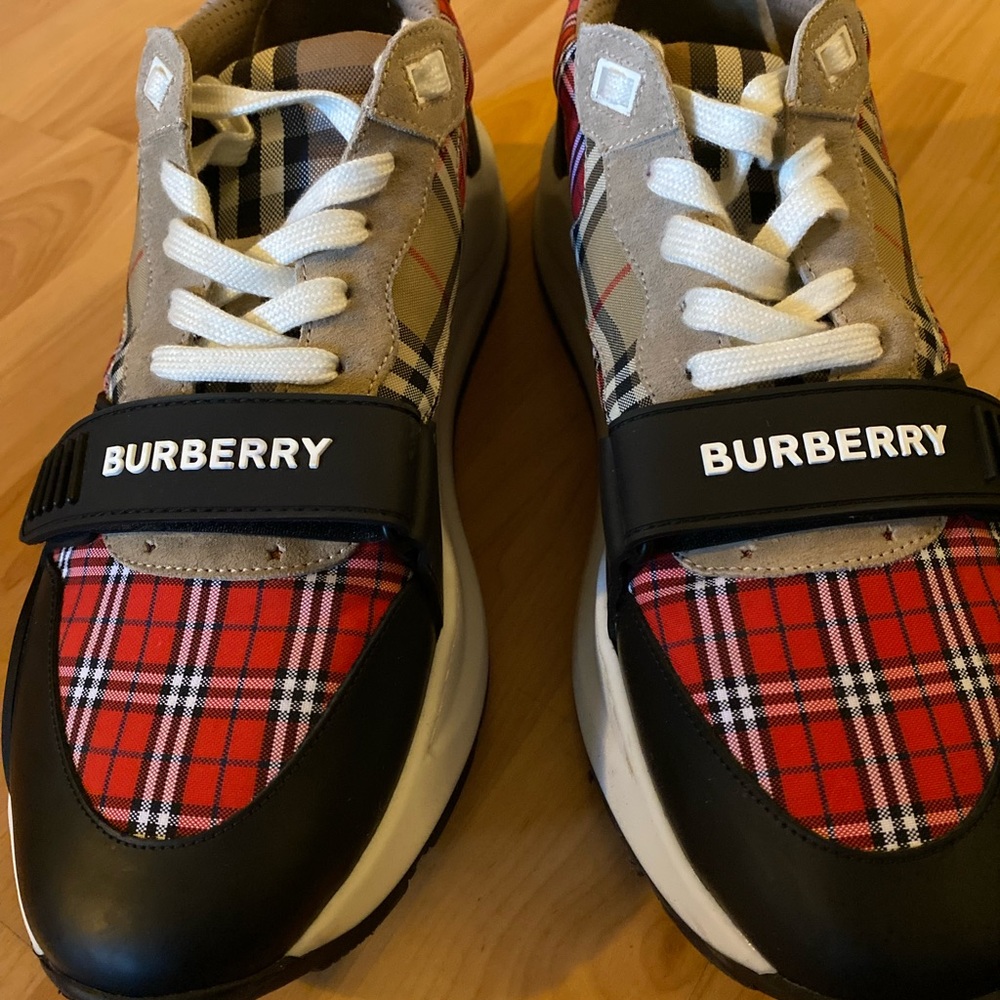 Burberry Leather Sneakers- colors black red and white. Size is 12 size 45 Italy